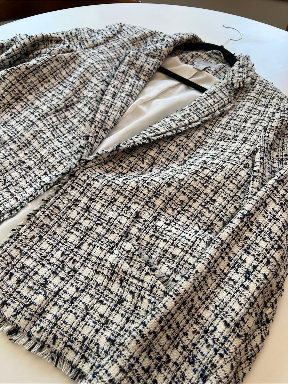 H&M Tweed Blazer in White and Navy - Hook Eye Front Closure